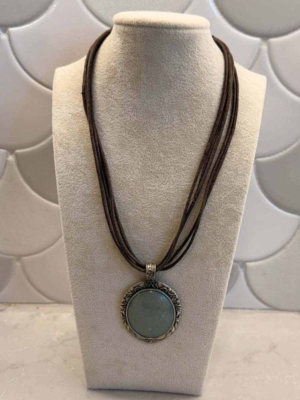 Vintage Multi-Strand Cord Necklace with Ornate Round Blue Green Stone Pendant